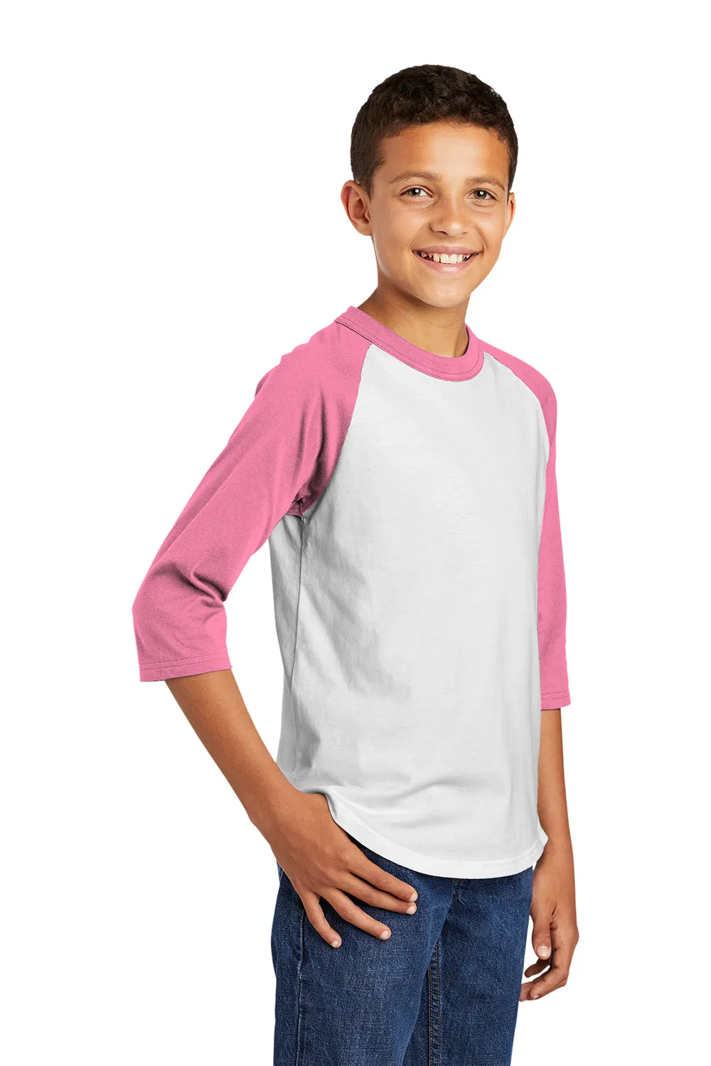 Sport-Tek Youth 3/4 Sleeve Crewneck T-Shirt - White/Bright Pink