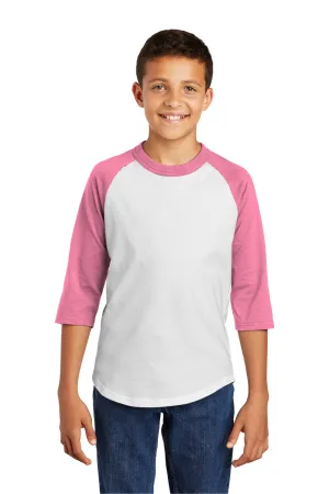 Sport-Tek Youth 3/4 Sleeve Crewneck T-Shirt - White/Bright Pink