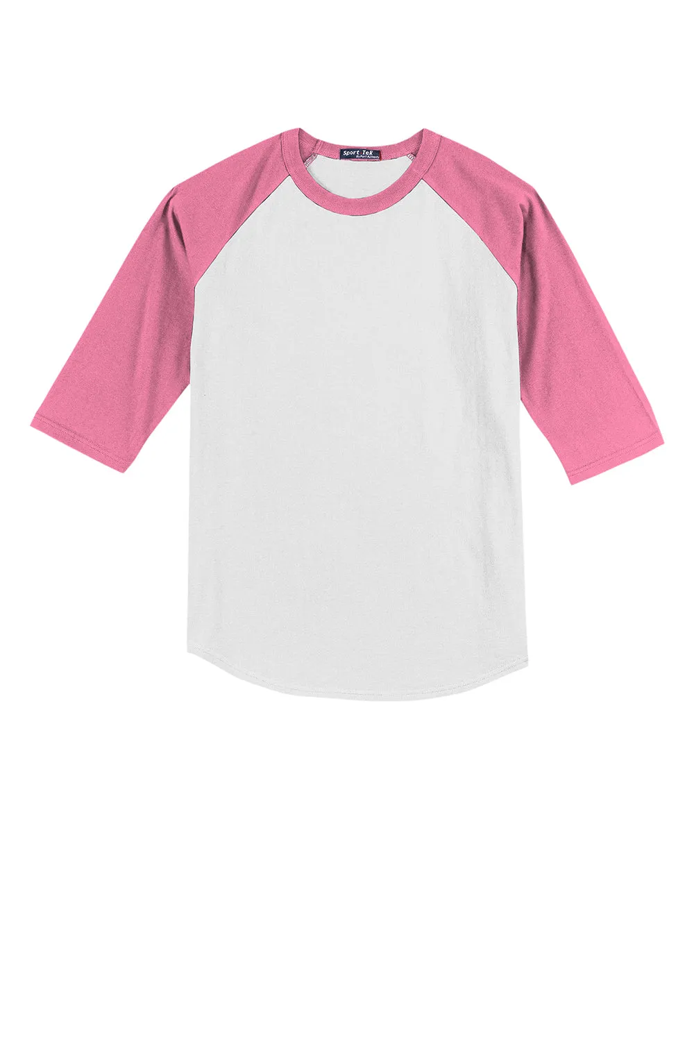 Sport-Tek Youth 3/4 Sleeve Crewneck T-Shirt - White/Bright Pink