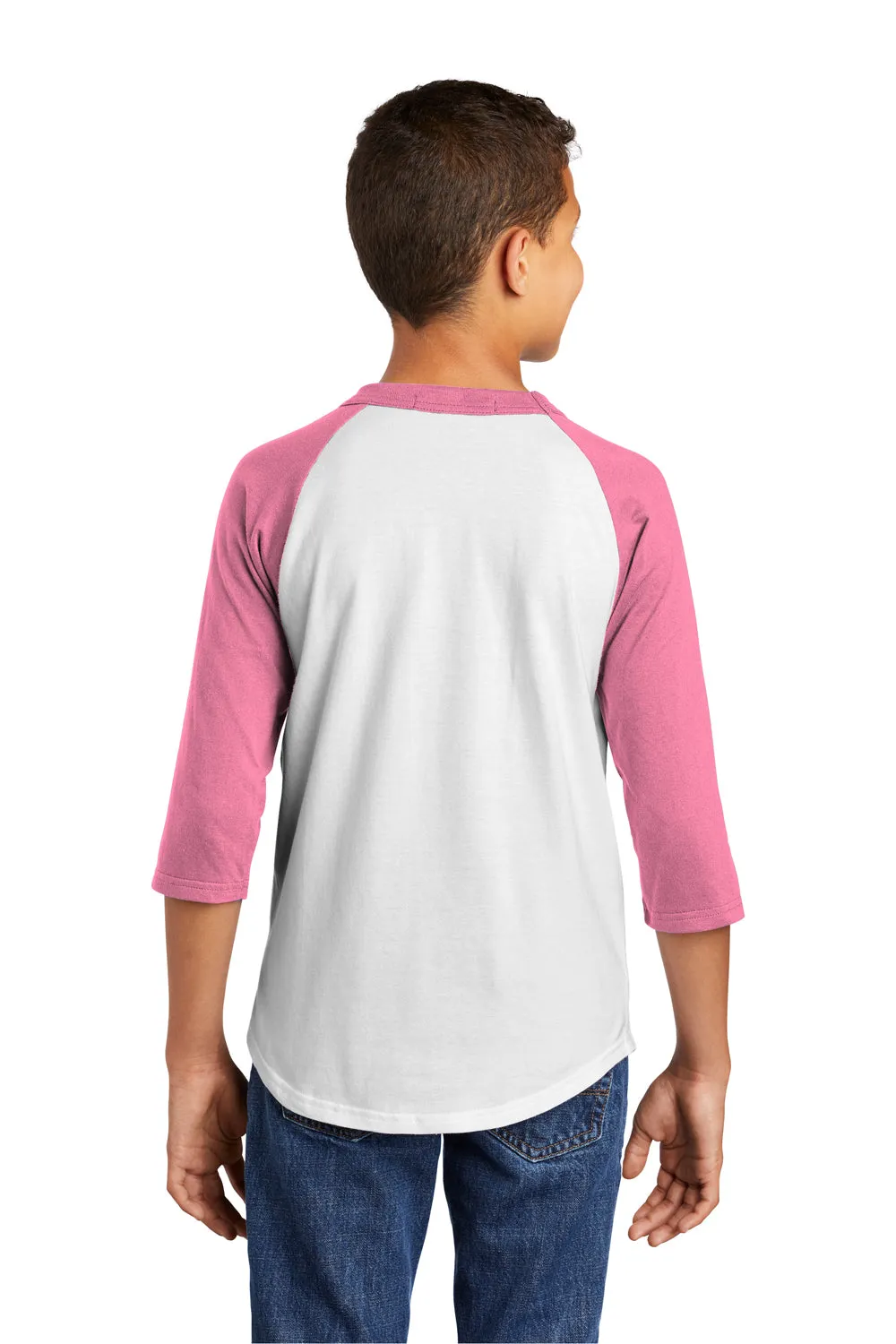 Sport-Tek Youth 3/4 Sleeve Crewneck T-Shirt - White/Bright Pink