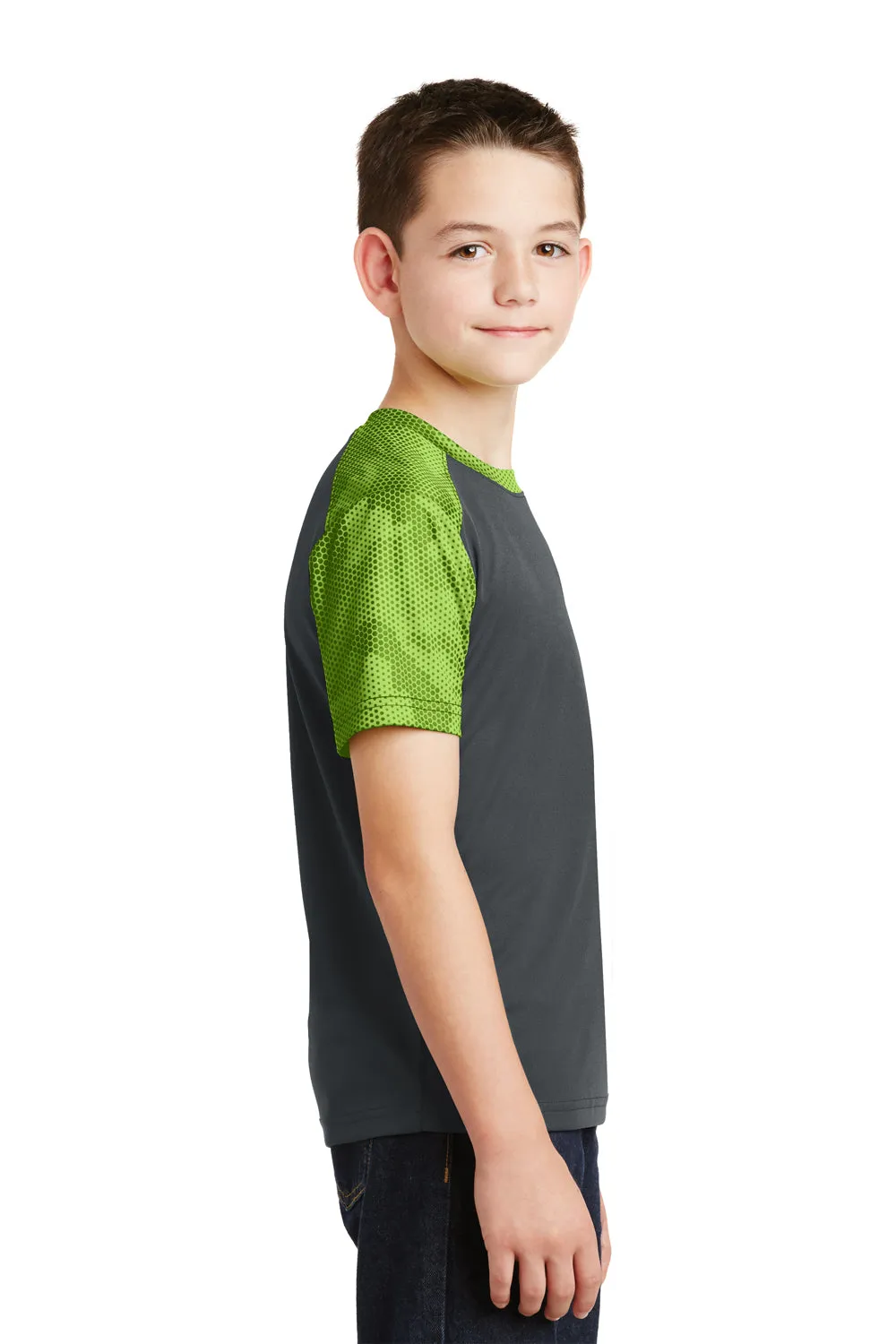 Sport-Tek Youth CamoHex Moisture Wicking Short Sleeve Crewneck T-Shirt - Iron Grey/Lime Shock Green - Closeout