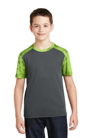 Sport-Tek Youth CamoHex Moisture Wicking Short Sleeve Crewneck T-Shirt - Iron Grey/Lime Shock Green - Closeout