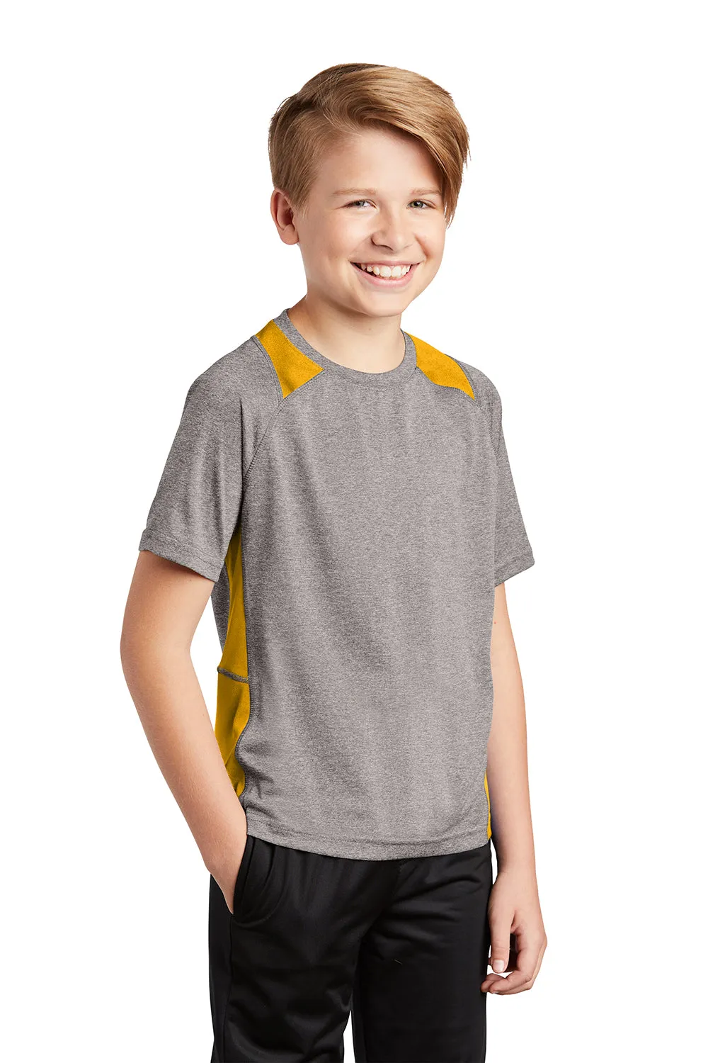 Sport-Tek Youth Contender Heather Moisture Wicking Short Sleeve Crewneck T-Shirt - Heather Vintage Grey/Gold - Closeout