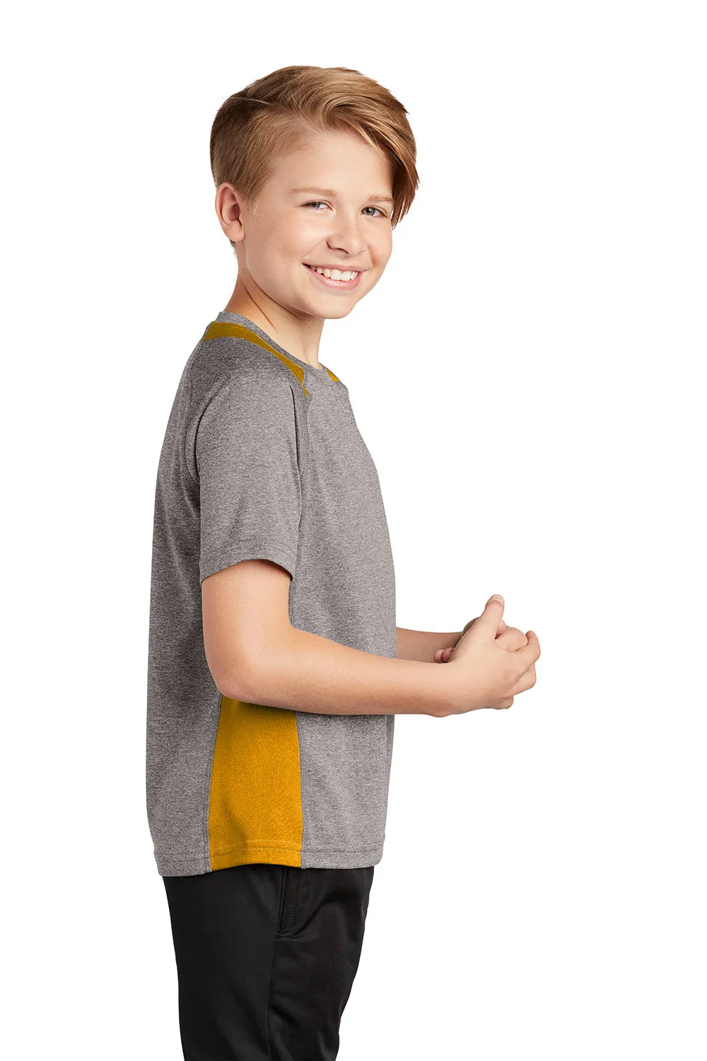 Sport-Tek Youth Contender Heather Moisture Wicking Short Sleeve Crewneck T-Shirt - Heather Vintage Grey/Gold - Closeout