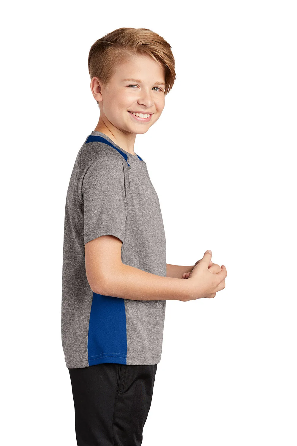 Sport-Tek Youth Contender Heather Moisture Wicking Short Sleeve Crewneck T-Shirt - Heather Vintage Grey/True Royal Blue