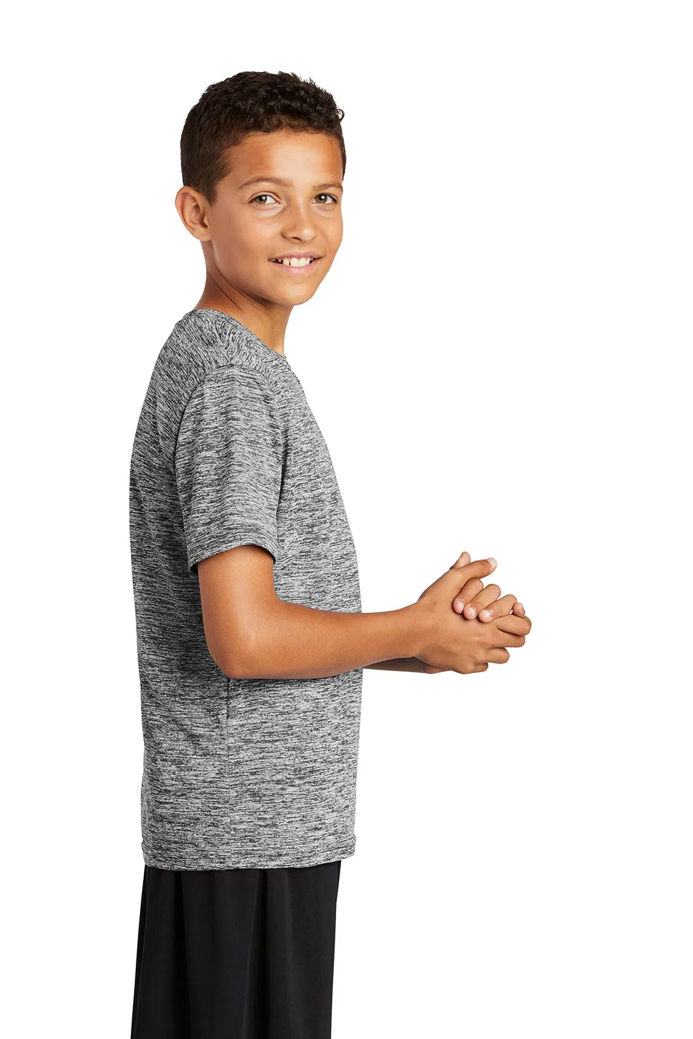 Sport-Tek Youth Electric Heather Moisture Wicking Short Sleeve Crewneck T-Shirt - Black Electric