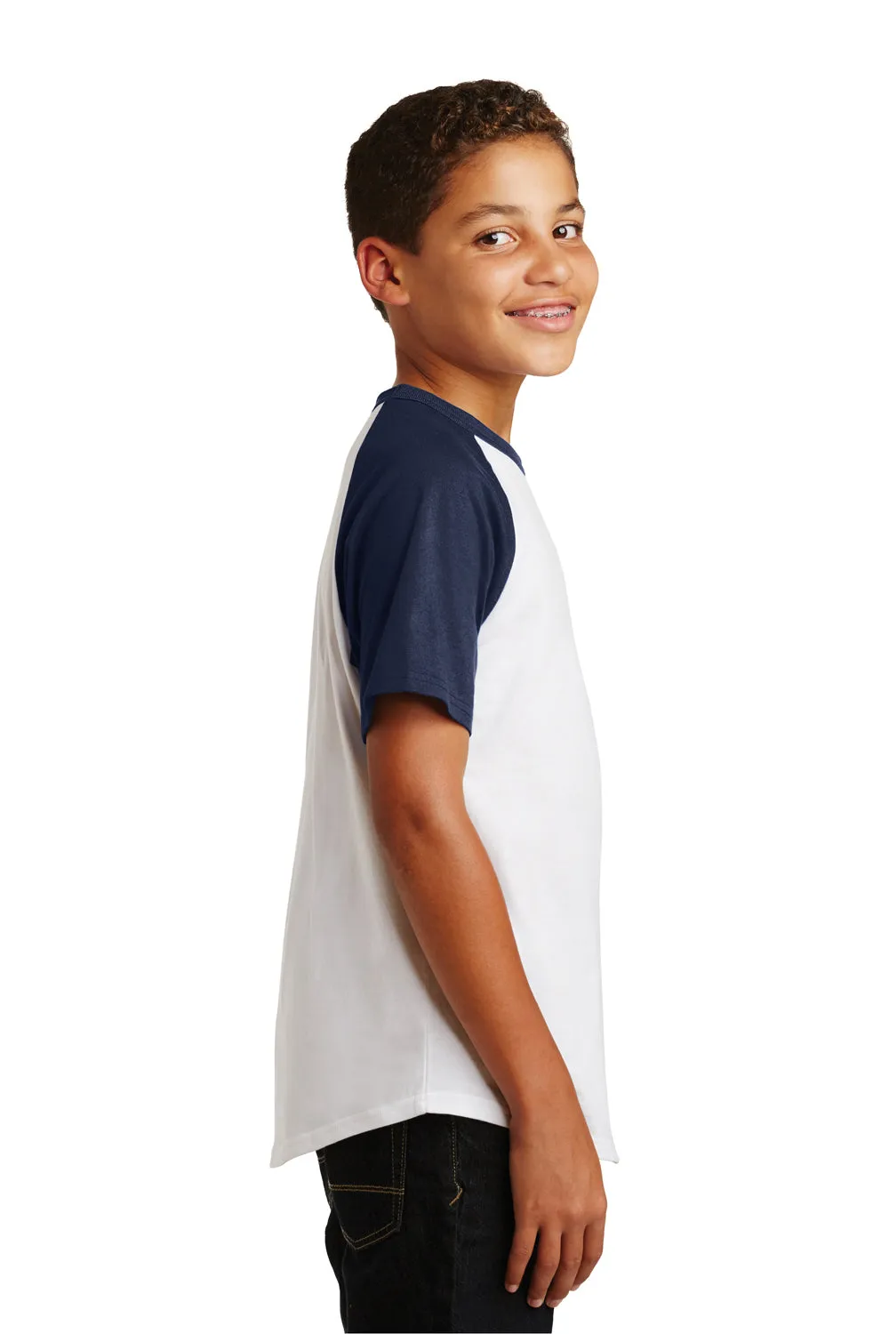 Sport-Tek Youth Short Sleeve Crewneck T-Shirt - White/Navy Blue - Closeout