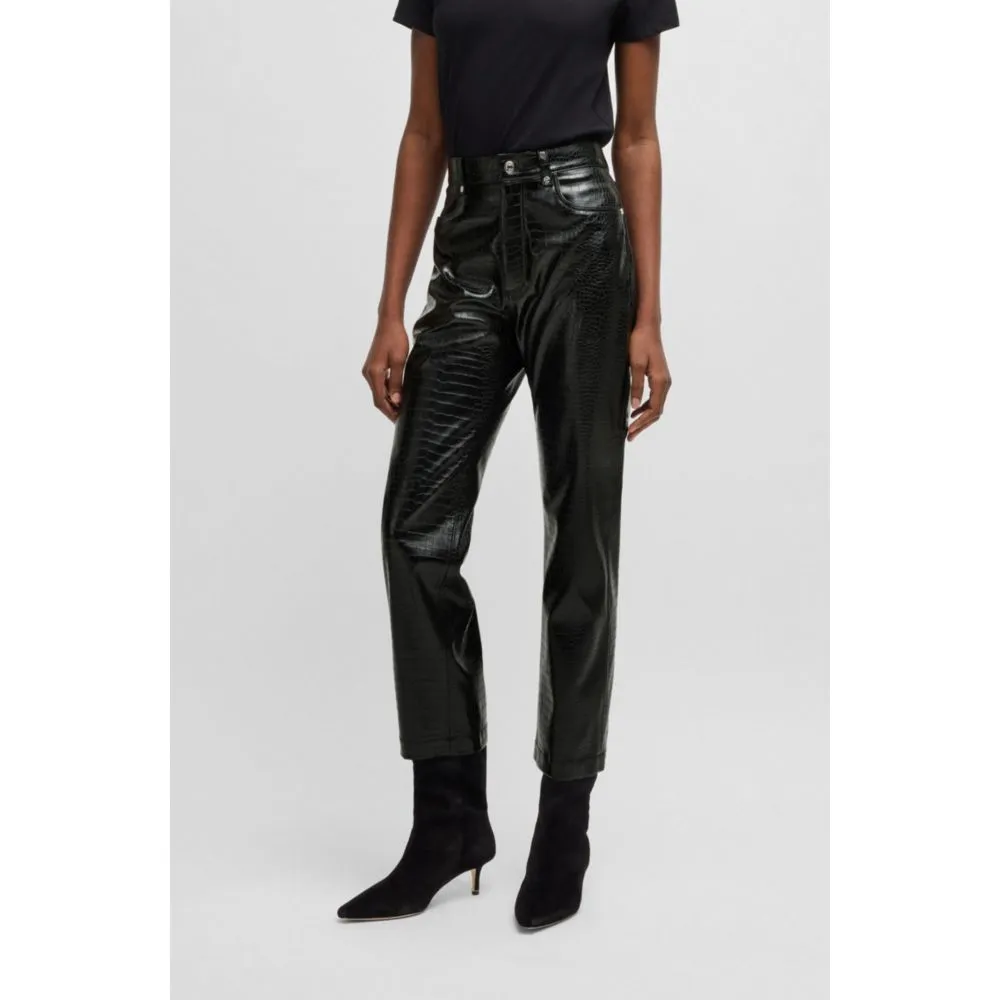 Straight-leg trousers in crocodile-embossed faux leather