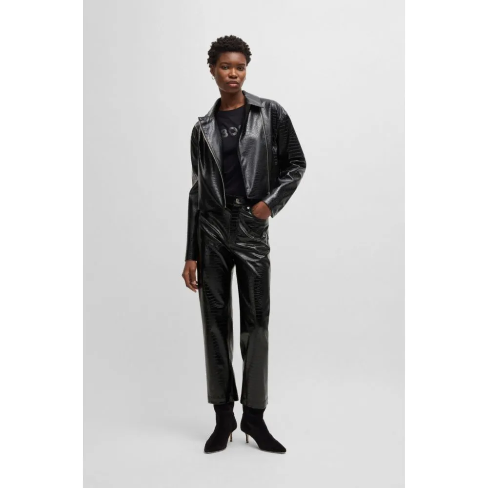 Straight-leg trousers in crocodile-embossed faux leather