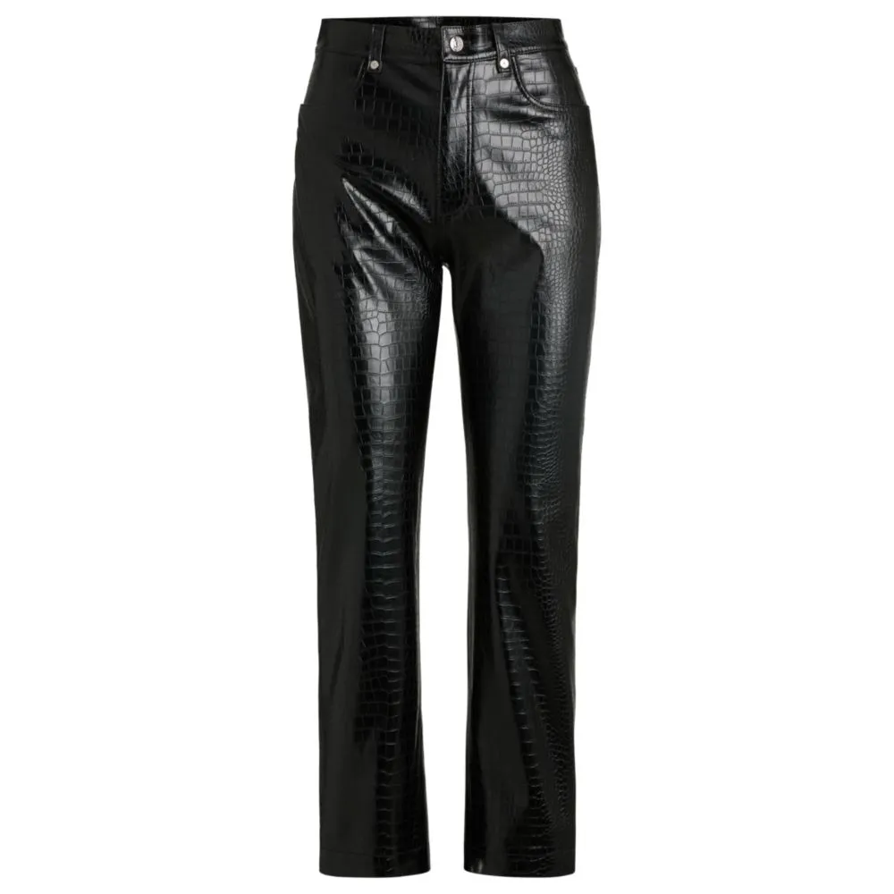 Straight-leg trousers in crocodile-embossed faux leather