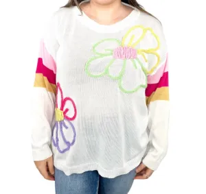 Striped Sleeve Flower Lightweight Sweater In Multi Color