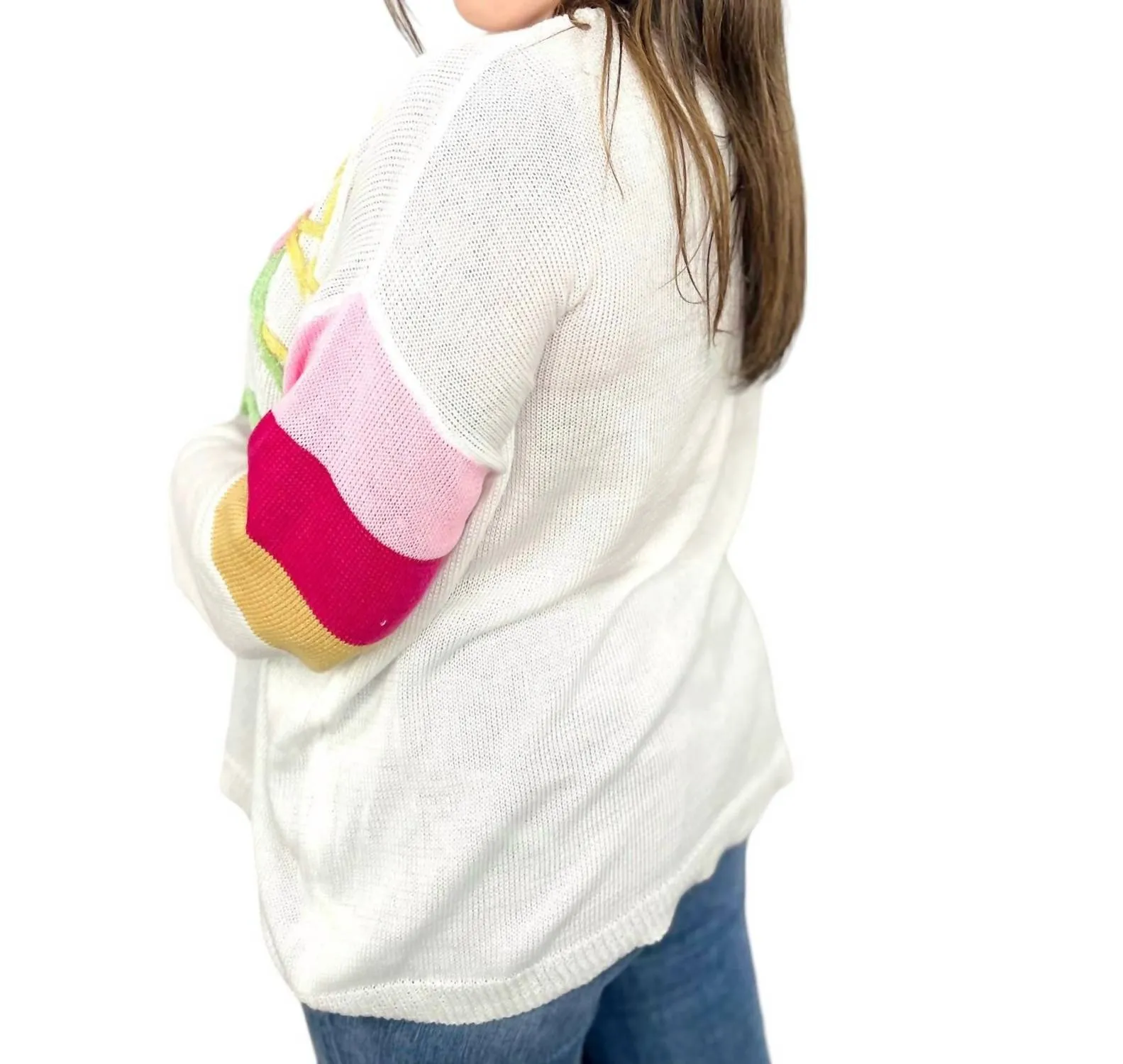 Striped Sleeve Flower Lightweight Sweater In Multi Color