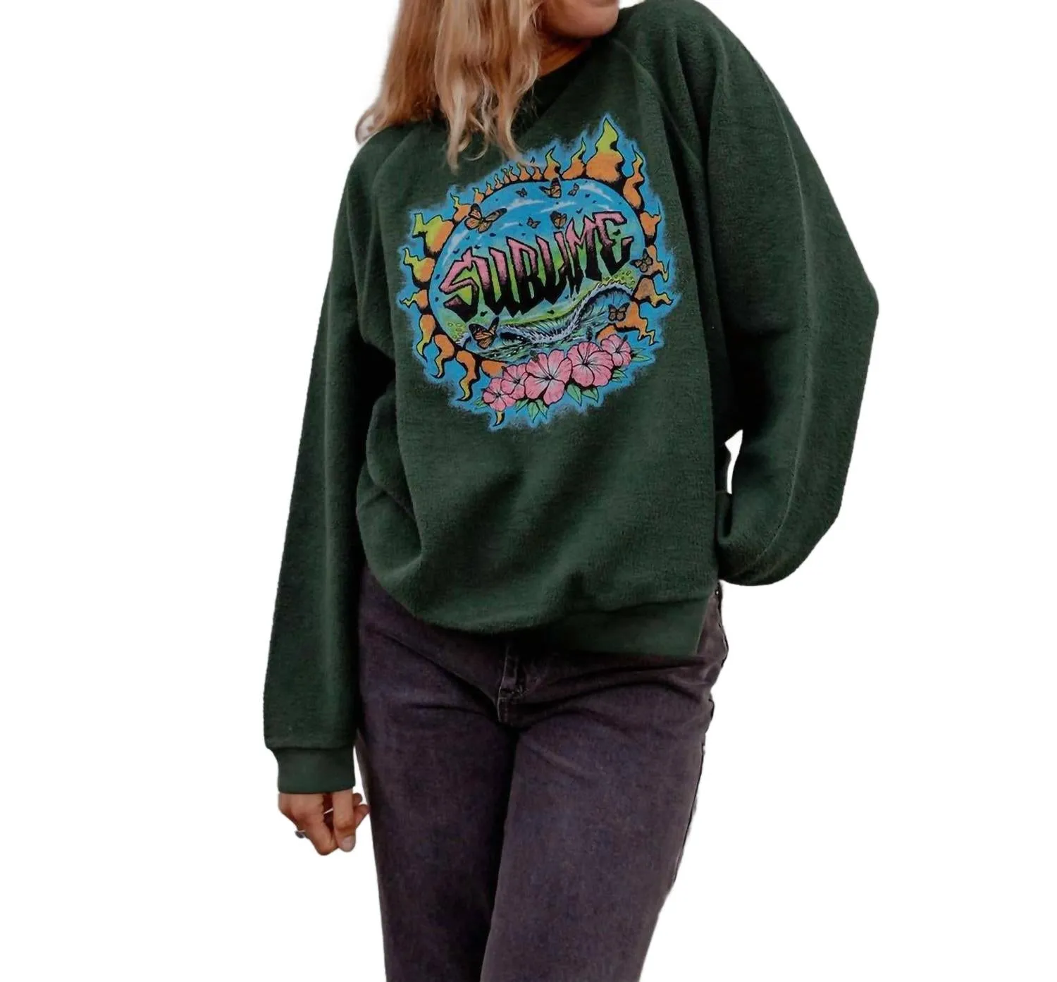 Sublime Graffiti Sun Reverse Raglan Crew In Vintage Green