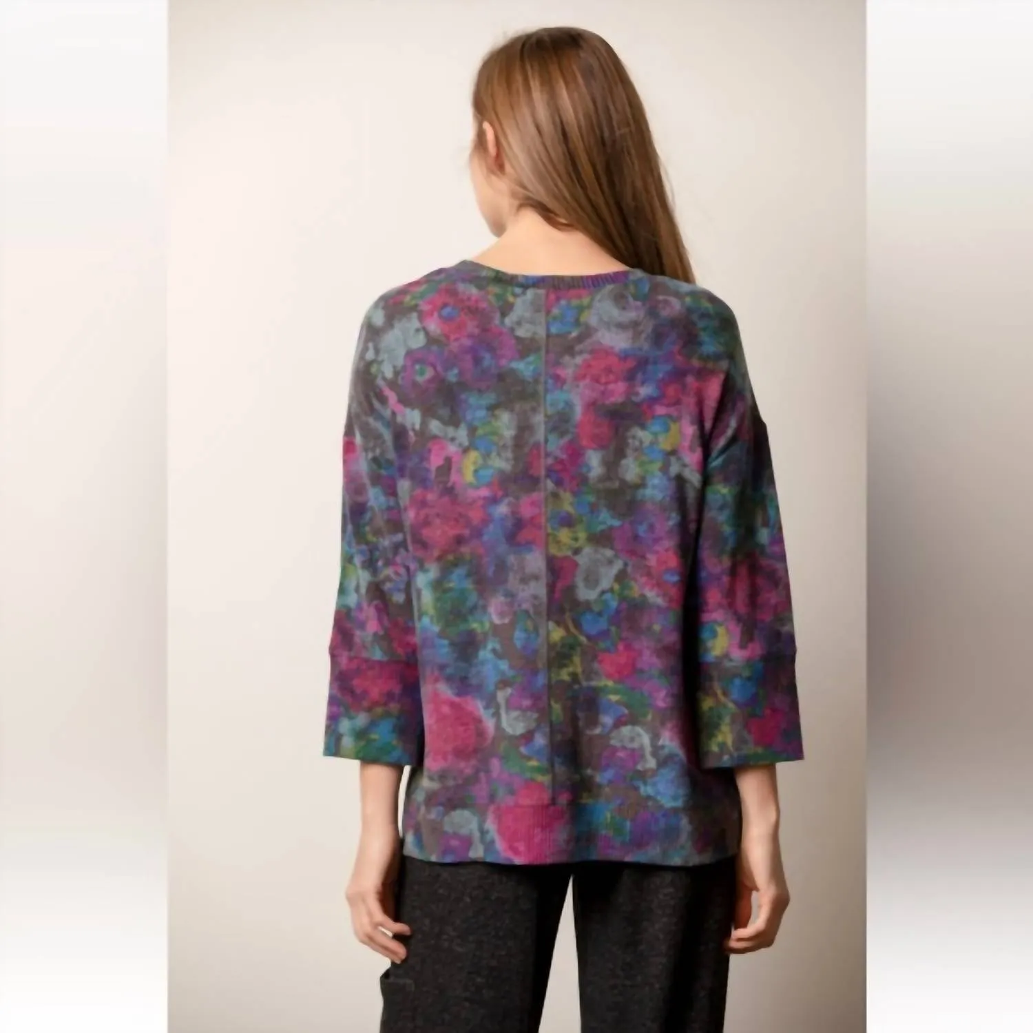 Super Soft Fleece Boxy Crew Pullover In Amethyst Floral