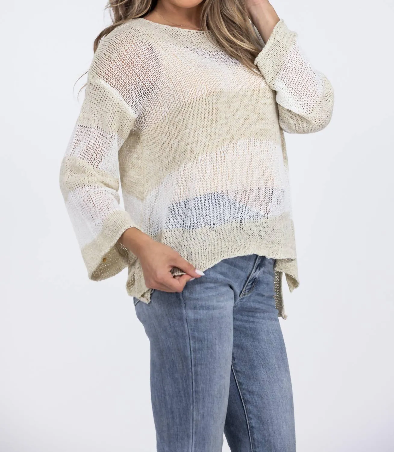 Switching Between Feminine Open Knit Striped Sweater In Beige