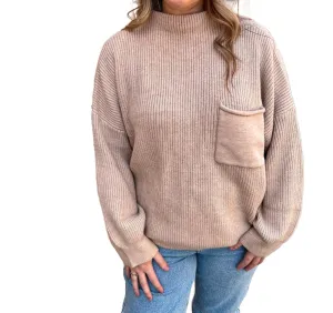 Talia Long Sleeve Sweater Top With Front Pocket In Taupe