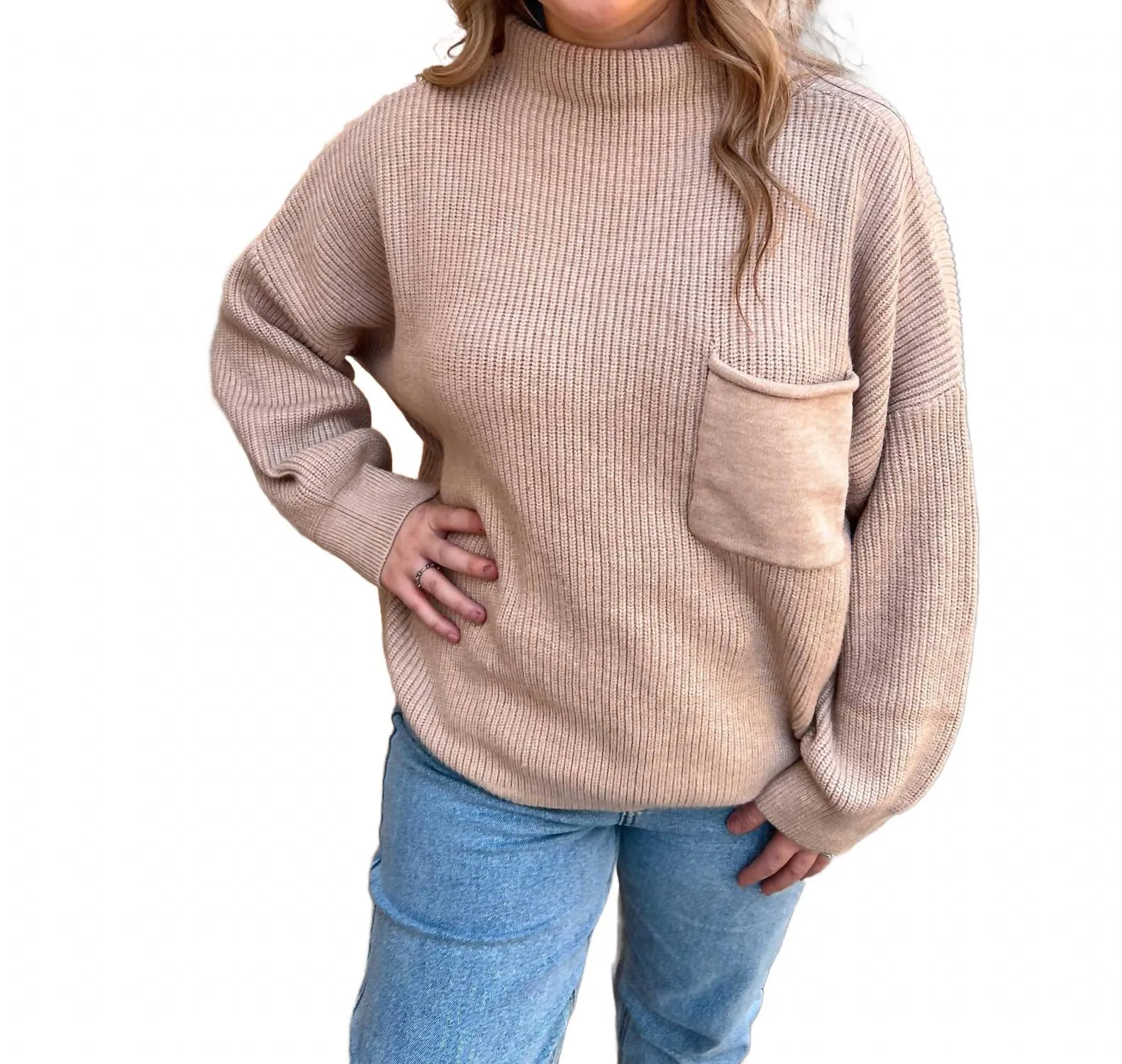 Talia Long Sleeve Sweater Top With Front Pocket In Taupe