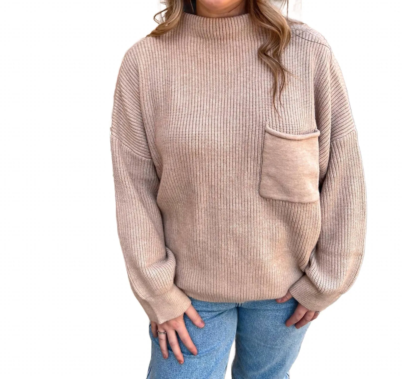 Talia Long Sleeve Sweater Top With Front Pocket In Taupe