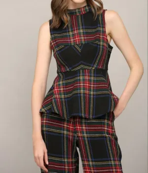 Tartan Plaid Sleeveless Peplum Top In Black Multi