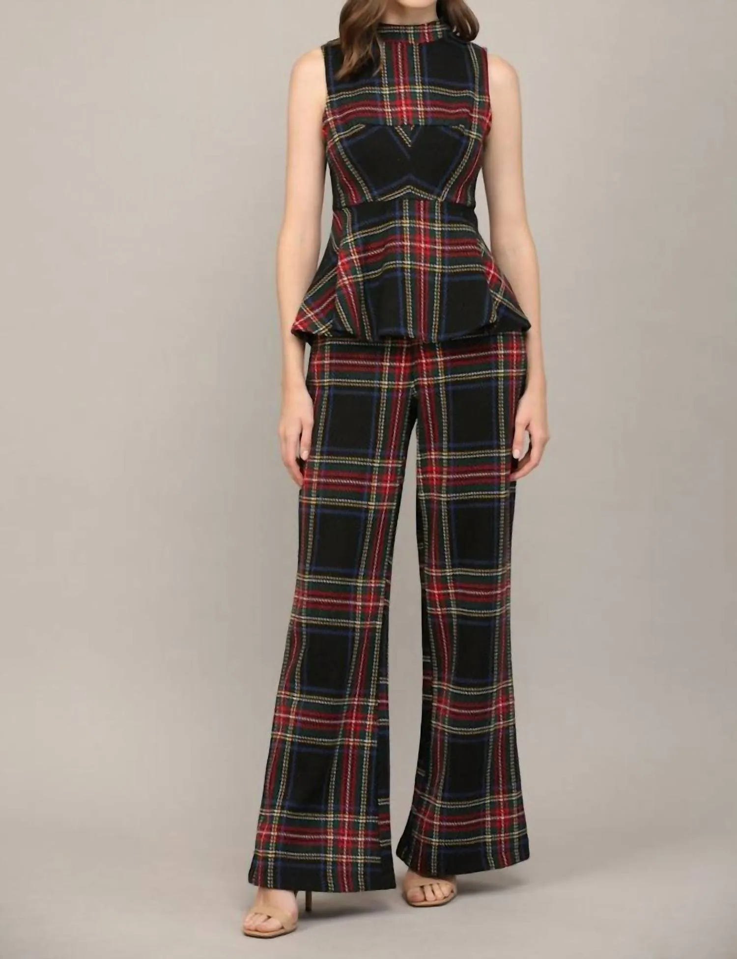 Tartan Plaid Sleeveless Peplum Top In Black Multi