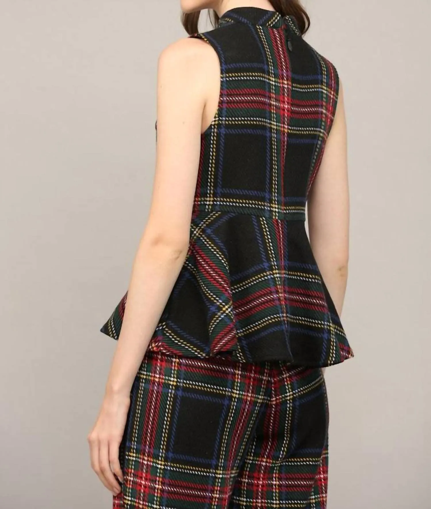 Tartan Plaid Sleeveless Peplum Top In Black Multi