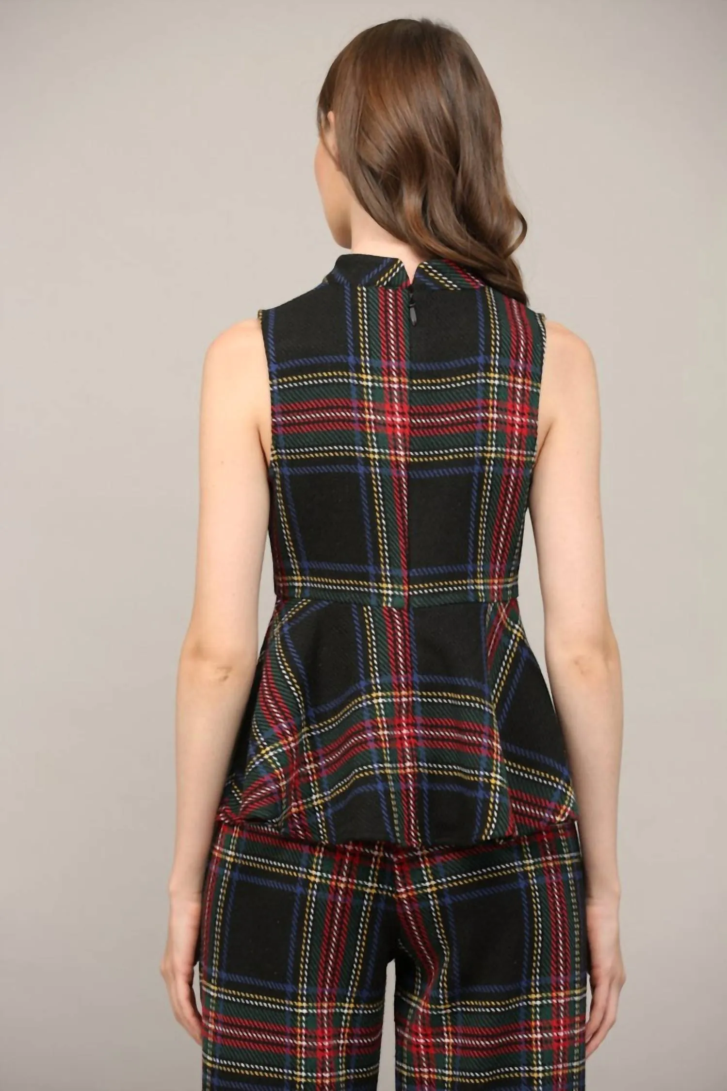 Tartan Plaid Sleeveless Peplum Top In Black Multi