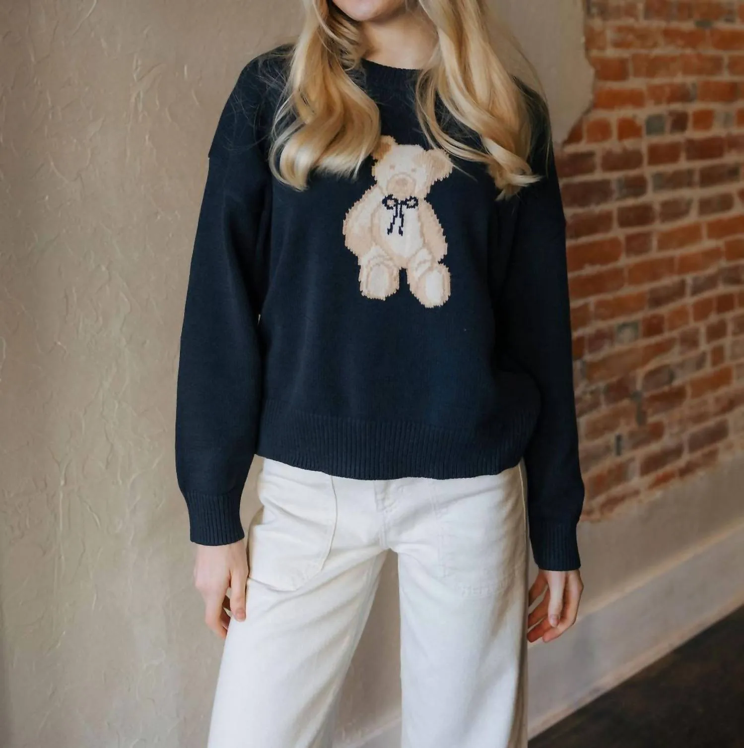 Teddy Bear Sweater Top In Navy