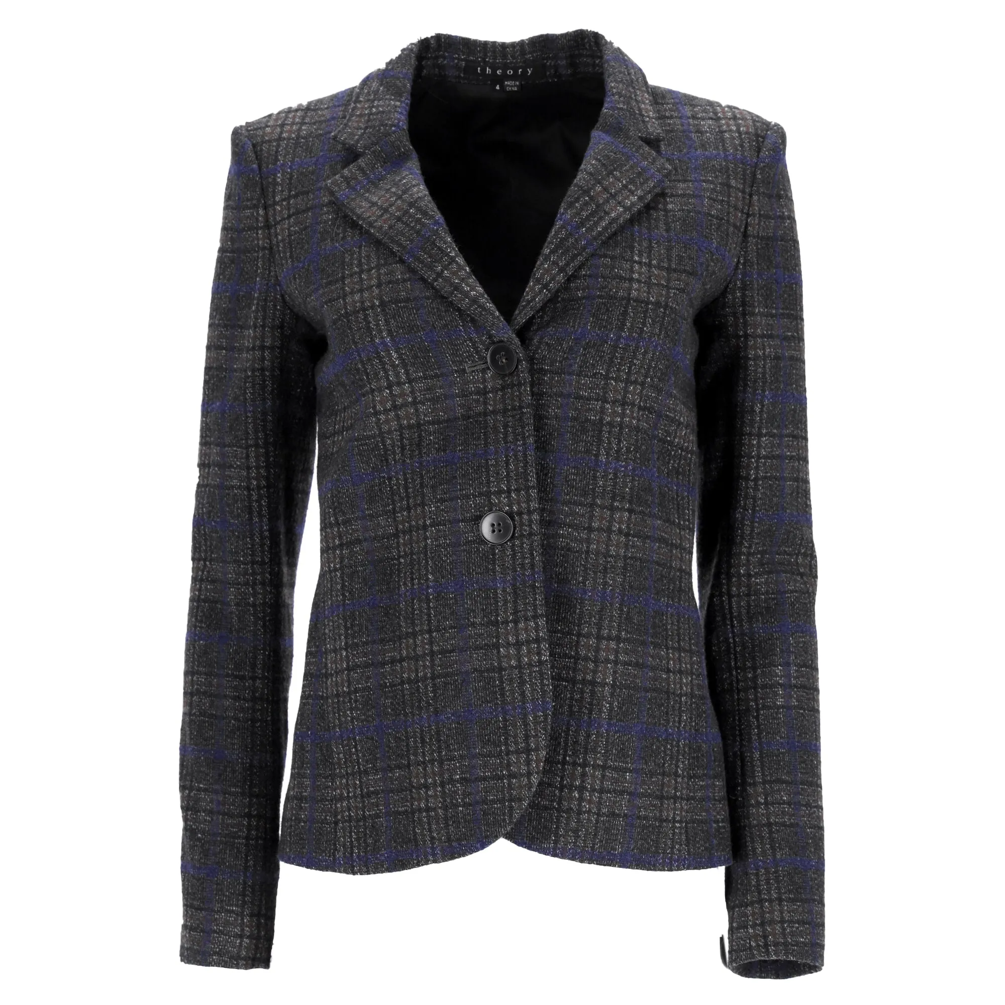 Theory Plaid Single-Breasted Blazer in Grey Wool