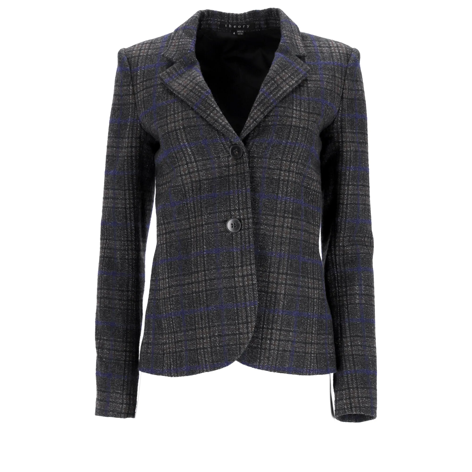 Theory Plaid Single-Breasted Blazer in Grey Wool