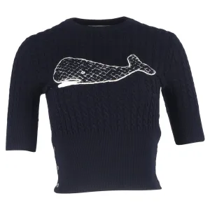 Thom Browne Knitted Whale Print T-Shirt in Navy Blue Wool