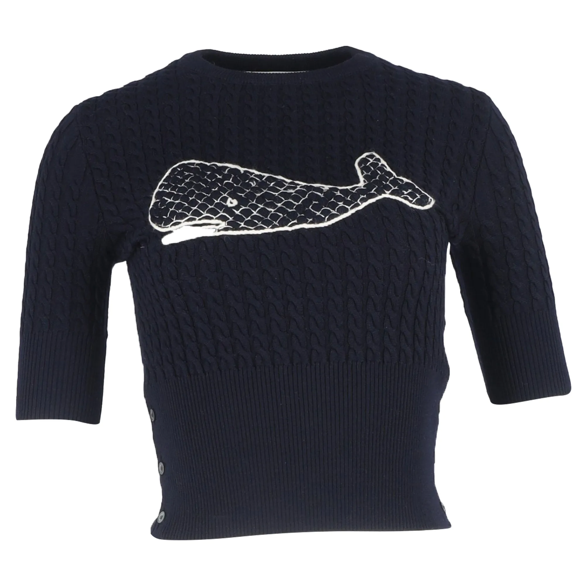 Thom Browne Knitted Whale Print T-Shirt in Navy Blue Wool