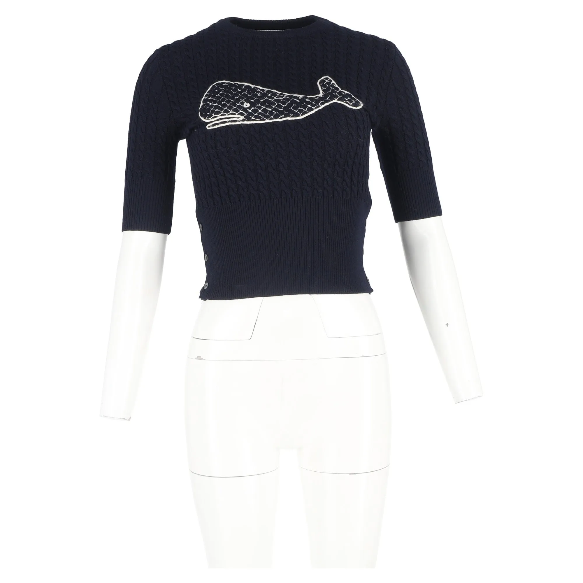 Thom Browne Knitted Whale Print T-Shirt in Navy Blue Wool