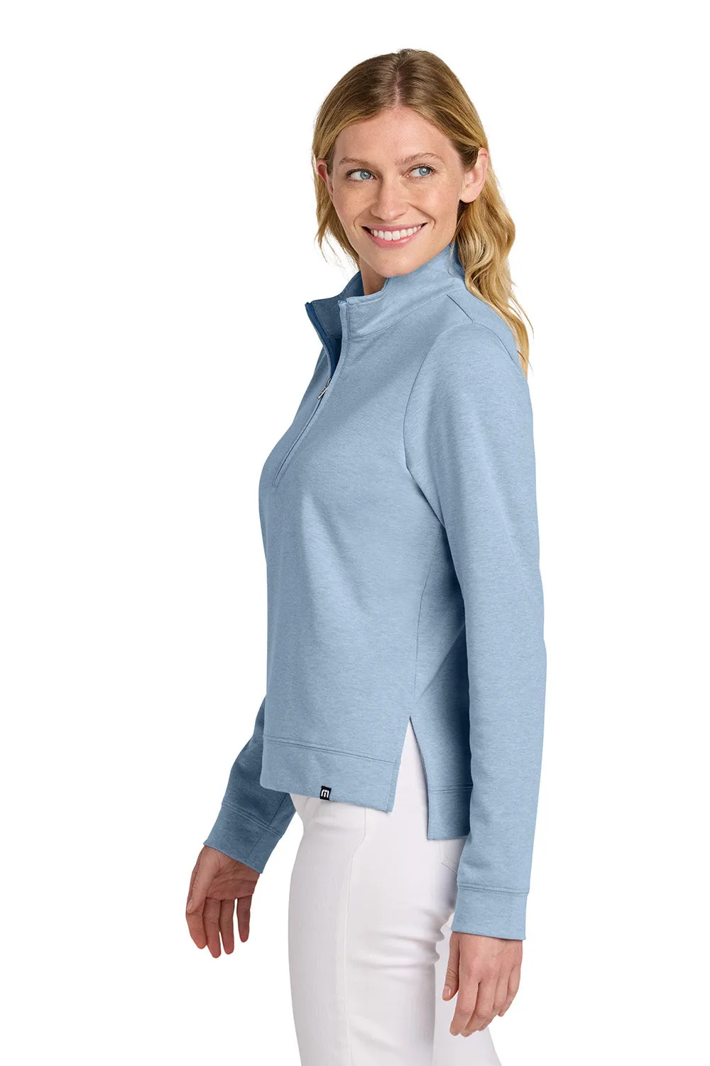 TravisMathew Womens Coveside Wrinkle Resistant 1/4 Zip Sweatshirt - Heather Light Blue