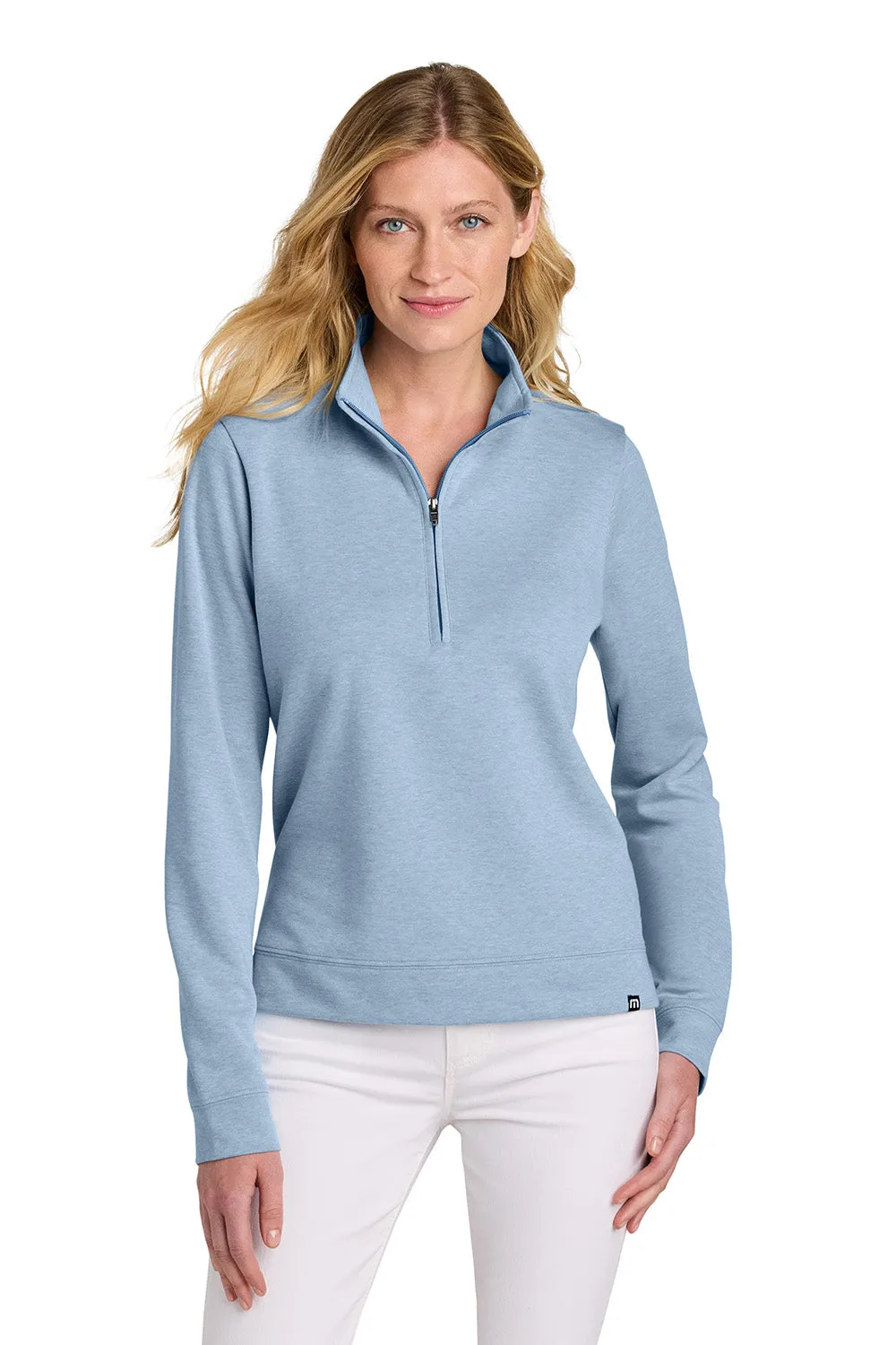 TravisMathew Womens Coveside Wrinkle Resistant 1/4 Zip Sweatshirt - Heather Light Blue