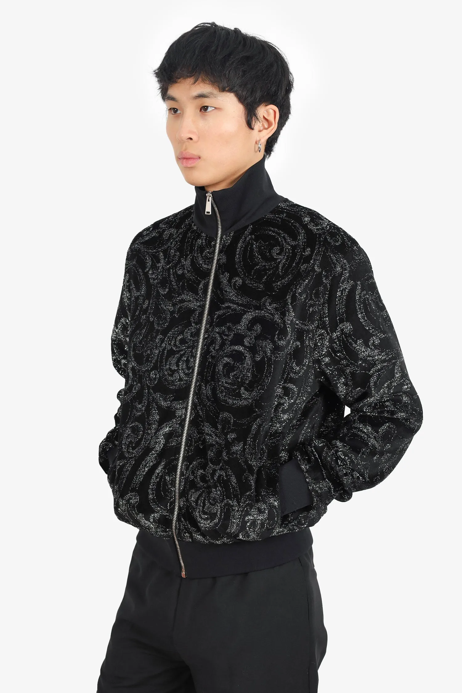 Versace Black Glitter Barocco Print Jacquard Zip-up Jacket Size M Mens