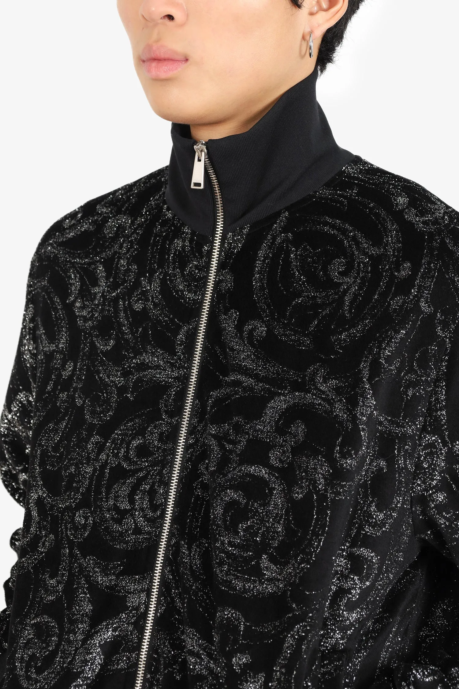 Versace Black Glitter Barocco Print Jacquard Zip-up Jacket Size M Mens