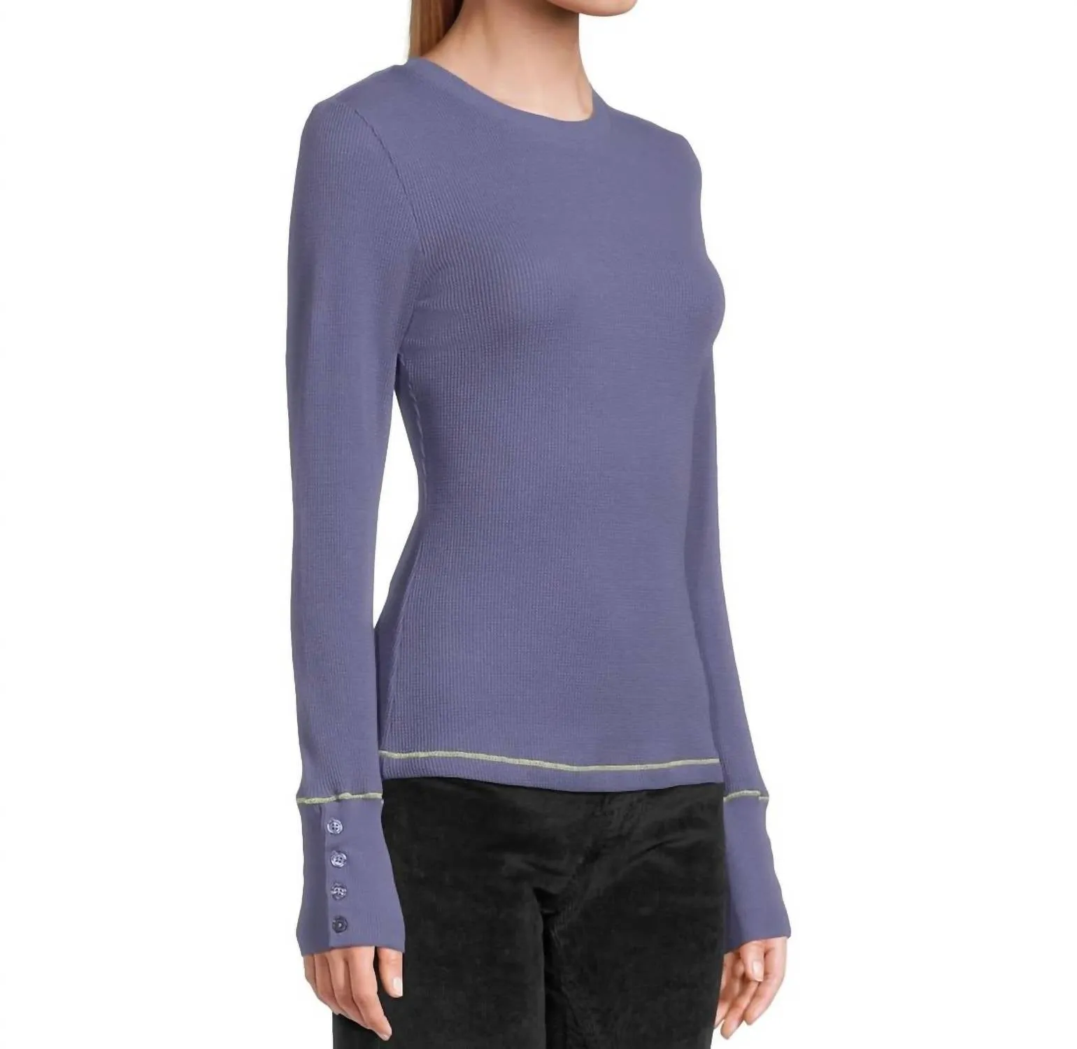 Willa Crew Neck Sweater With Button Cuff In Moonlit