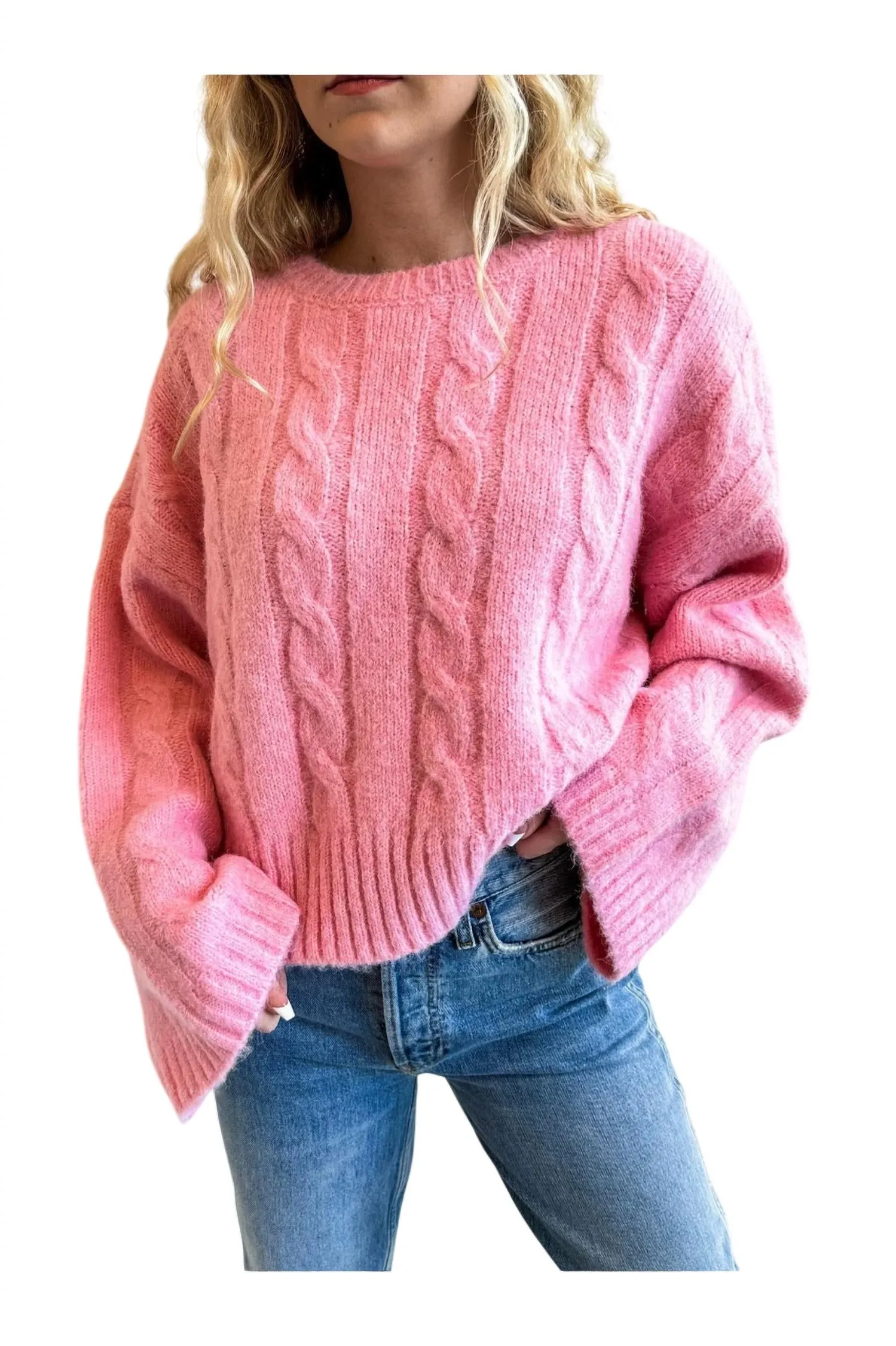 Women's Cable Knit Sweater In Pink
